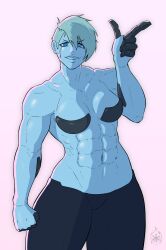 1girls abs blonde_hair cd_projekt_red cyberpunk:_edgerunners cyberpunk_2077 dorio_(edgerunners) female female_only light-skinned_female looking_at_viewer muscular muscular_female netflix scorchedice short_hair studio_trigger text very_short_hair