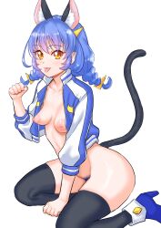 :p animal_ears black_thighhighs blue_footwear boots braid cat_ears cat_tail clothing groin hair_ornament hairclip highres jacket kuppipi_ramutarou looking_at_viewer nipples no_bra no_panties open_clothes open_jacket orange_eyes paid_reward_available paw_pose perky_breasts precure pretty_cure pubic_hair simple_background small_breasts star_twinkle_precure stockings tail thighhighs tongue tongue_out twin_braids twintails white_background yuni_(precure)