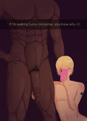 2boys alex_romanelli big_penis blonde_hair dark-skinned_male dark_skin english_text gay gelatomusume interracial male malesub queen_of_spades snapchat text yaoi