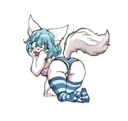 all_fours animation_meme_community blush bra looking_back socks underwear virtual_youtuber white_fur wolf_ears wolf_girl wolf_tail wolfychu youtube youtuber