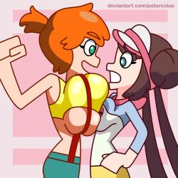 2girls alternate_breast_size animated big_breasts breast_expansion breasts breasts_to_breasts female female_only kasumi_(pokemon) misty_(pokemon) multiple_girls overflowing_breasts pokemon potercolus rosa_(pokemon) underboob