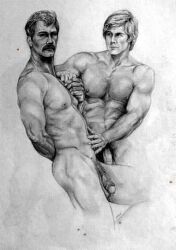 2boys abs balls ballsack black_and_white daddy dangling_testicles dicks_out dilf facial_hair flaccid_penis foreskin foreskin_folds gay human intact looking_at_viewer low_hanging_balls male male/male male_nipples male_only male_pubic_hair masculine mature_male monochrome muscles muscular_arms muscular_male mustache naked nude_male paul_canon(artist) pecs pectorals penis retracted_foreskin scrotum testicles uncut veiny_penis