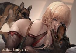 ambiguous_penetration azur_lane bismarck_(azur_lane) black_body black_fur black_nose blonde_hair blue_eyes brown_body brown_fur canid canid_on_humanoid canine canine_on_human canis clothed_female clothed_sex clothing dog domestic_dog duo female female_human female_human/male_feral female_kissing_feral female_on_feral feral french_kissing from_front_position fur group hair hi_res human inside interspecies kissing legwear lingerie long_hair lying male male/female male_canine mammal multicolored_body multicolored_fur no_panties on_back on_top on_top_of open_mouth penetration polki reverse_missionary_position sex straight thigh_highs threesome tongue tongue_out trio vaginal_penetration zoophilia