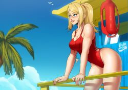 1girls artist_logo artist_name beach bent_over big_ass big_breasts big_butt blonde_hair blue_eyes clothing echosaber female huge_ass lifeguard metroid nintendo pale_skin rescue_buoy samus_aran small_waist solo swimsuit swimwear thick_thighs tight_clothing tight_fit