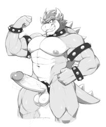 1boy abs accessory anthro armband balls bara big_pecs big_penis bowser bracelet cock_ring collar flexing gay genitals greyscale hi_res humanoid_genitalia humanoid_penis jewelry koopa male male_only mario_(series) monochrome muscular muscular_male navel nintendo nude pecs penis penis_accessory penis_jewelry scalie sharp_teeth shell simple_background smile solo spiked_armband spiked_bracelet spiked_cock_ring spiked_collar spiked_shell spikes spikes_(anatomy) teeth video_games white_background zerpreros