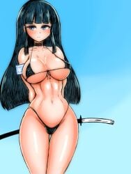 1girls arms_behind_back beach bikini black_hair blue_eyes blush breasts choker hime_cut ikaruga_(senran_kagura) katana large_breasts long_hair micro_bikini outdoors ruradish01 senran_kagura smile swimsuit sword thick_thighs thighs wide_hips