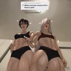 2girls abs bayonetta bayonetta_(character) bayonetta_2 blonde_hair female female_only fully_clothed holding_hands jeanne_(bayonetta) know_your_place leanbeefpatty light-skinned_female meme mildly_muscular_woman muscular muscular_female riicemochii thick_thighs yuri