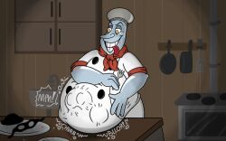 ambiguous_prey animate_inanimate big_belly chef_saltbaker cuphead:_the_delicious_last_course cuphead_(game) digestion digestion_noises food humanoid male overweight_male soft_vore stomach_bulge struggling_prey tongue_out vore