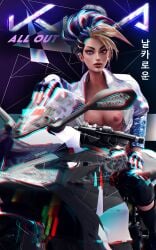 3d 3d_(artwork) akali asian asian_female bike biker blender_(software) blonde_hair blue_hair boobs breasts breasts_out gloves grvty3d k/da_all_out_akali k/da_all_out_series k/da_series korean korean_text league_of_legends leather magazine magazine_cover makeup nipples open_clothes poster sitting text