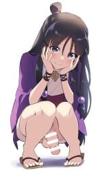 1futa balls bar_censor big_penis black_hair blush bottomless censor_bar censored clothed clothing eye_contact futa_only futanari gyakuten_saiban human light-skinned_futanari light_skin long_hair looking_at_viewer maya_fey mostly_clothed no_panties penis sandals skirt smile solo squatting testicles thighs white_background yu11ma11 yuuma_(yuma1111)