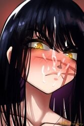 annoyed bangs black_hair chainsaw_man collarbone cum cum_on_hair facial facial_scar female lips long_hair looking_at_viewer madaotheory ringed_eyes scar scar_on_cheek scar_on_face simple_background solo solo_focus straight yellow_eyes yoru_(chainsaw_man)