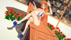 artist_request beach big_breasts bikini female female_only heels ice_cream jewelry koikatsu large_breasts long_hair nami one_piece orange_hair sitting solo solo_female tattoo thighs