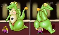 ass blonde_hair cameltoe dinomighty english_text erect_nipples green_scales kneeling large_breasts larger_female looking_back mario_(series) nintendo redbenjamin scalie size_difference tail wario wario_(series) wario_world