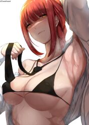 1girls absurd_res armpits bangs bikini black_bikini black_necktie breasts chainsaw_man closed_mouth covered_erect_nipples covered_nipples female large_breasts long_hair looking_at_viewer makima_(chainsaw_man) micro_bikini necktie open_clothes red_hair ringed_eyes sexy_armpits shirt string_bikini sweat swimsuit tomodachi_(tomofanart) white_shirt yellow_eyes