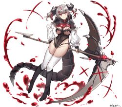 1girls artsjeze_(jeze) blood dragon_girl dragon_tail female female_only heart-shaped_pupils horns light-skinned_female light_skin lucia/ルーシア_(artsjeze) monster_girl original pointy_ears scythe smile solo symbol-shaped_pupils tail