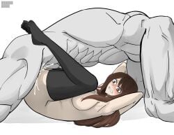 arms_behind_head blush brown_eyes brown_hair clenched_teeth cum_inside cumshot emirichu female_focus kuuya_(artist) laying_down long_hair lying_on_back missionary_position muscular_male sex side_view size_difference stockings tagme youtube youtuber