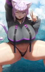 1girls alternate_breast_size armpits big_breasts black_panties breasts cat_ears catgirl female giantess hi_res hips hololive hololive_gamers hololive_japan huge_breasts large_breasts light-skinned_female light_skin nekomata_okayu panties purple_eyes purple_hair sinensian solo thick_thighs thighs virtual_youtuber wide_hips