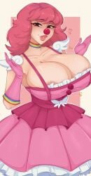 1girls areola_slip bare_shoulders big_breasts breasts breasts_bigger_than_head cleavage clothed clothes clothing clown clown_girl clown_nose female female_only geiru_toneido gyakuten_saiban hips huge_breasts human human_only light-skinned_female light_skin naughty_face pink_hair smile solo solo_female spookiebuni suggestive_look thick thick_thighs thighs top_heavy wide_hips