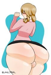 artywitch ass balls big_butt black_bottomwear black_clothing black_skirt blonde_hair bottomless bottomless_human bottomless_male bottomwear braided_hair braided_ponytail clothed clothing coat fan_character genitals glasses hair hi_res huge_butt human lab_coat male mammal nintendo not_furry oc pink_clothing pokemon pokemon_professor ponytail professor_holly skirt solo topwear video_games