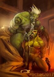 2boys art_of_rocket big_teeth blush brown_hair cum cum_on_tongue cum_shot dominant_male domination facial_hair gay green_body green_skin hair_pull male male/male male_focus male_only orc orc_male tagme white_hair