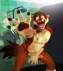 anthro canid canine canis covering covering_self embarrassed_nude_male genitals gothwolf kai_stormpaw male mammal penis reaching_towards_viewer shower surprised_expression wolf