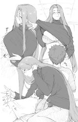 1boy 1boy1girl 1girls barlunn black_and_white cum cum_in_hands emiya_shirou fate/stay_night fate_(series) female female_dominating_male female_domination gigantic_breasts glasses long_hair male medusa_(fate) medusa_(rider)_(fate) naughty_face naughty_smile partially_clothed pussy pussy_juice size_difference sketch