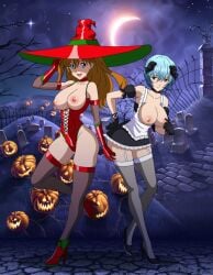 2girls asuka_langley_sohryu blue_hair breasts desingahv female french_maid halloween human light-skinned_female light_skin long_hair looking_at_viewer neon_genesis_evangelion nipples open_mouth orange_hair pale-skinned_female pale_skin rei_ayanami short_hair witch