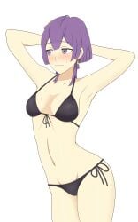 1girls alternate_costume armpit_focus armpits arms_behind_head bangs bernadetta_von_varley bikini black_bikini black_swimsuit blush breasts earrings embarrassed female female_only fire_emblem fire_emblem:_three_houses looking_away medium_breasts navel nervous nintendo pose post-timeskip purple_eyes purple_hair short_hair solo swimsuit wavy_mouth white_background yoshio_hentai