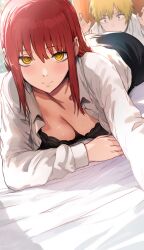 1boy1girl ass bangs black_bra blush bra breasts chainsaw_man denji_(chainsaw_man) female hews_hack long_hair looking_at_viewer lying makima_(chainsaw_man) male on_stomach open_clothes open_shirt outstretched_arms red_hair ringed_eyes shirt short_hair smile sweat the_pose underwear white_shirt yellow_eyes