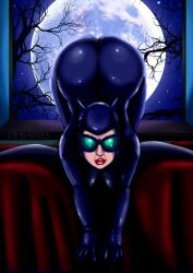 ass ass_focus ass_up bed bed_sheet bedroom catsuit catwoman_(cosplay) cosplay curvy curvy_female curvy_figure desiaries dress_up full_moon goggles housewife lipstick mature mature_female moon shiny thedesiaries tight tight_clothing tree wife