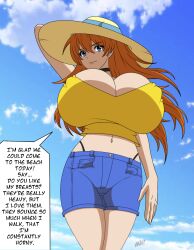 asuka_langley_sohryu bare_shoulders boob_window breasts brunette choker crop_top desingahv english english_text huge_breasts looking_at_viewer looking_down massive_breasts neon_genesis_evangelion nipple_bulge no_bra pierced_nipples shortshorts sleeveless sunhat teenage_girl teenager text tight_clothing yellow_crop_top