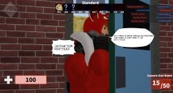 1futa 3d arsenal_(rolve) ass ass_focus big_ass bulge bulge_through_clothing clothed dialogue english_text futanari game_ui heyits_aaron hood orange_hair penis_under_clothes red_panda_(rolve) roblox roblox_game robloxian rolve solo stuck stuck_in_door tagme tail text