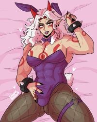 1boy 1femboy 2022 abs ambush_(trap) arataki_itto bulge bunny_boy bunny_costume bunny_ears bunny_tail bunnysuit crossdressing demon femboy femboy_only fishnets genshin_impact horns human_only laying_down leotard lipstick loggus_doggus male male_focus male_only manly_crossdresser muscular muscular_male oni purple_lipstick seductive solo solo_male sweat tattoo tattoos thick_thighs white_hair