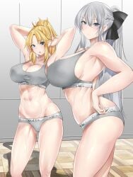 2girls abs alternate_breast_size armpits arms_up blonde_hair blue_eyes breasts fate/grand_order fate_(series) female fit fit_female hips huge_breasts large_breasts long_hair looking_at_viewer medium_hair mordred_(fate) morgan_le_fay_(fate) mother_and_daughter muscular muscular_female panties ponytail sexy_armpits slim_waist sports_bra sportswear teaindian thick_thighs thighs toned white_hair wide_hips