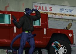 advertisement anthro argonian balls belt bethesda_softworks big_penis bottomless car clothed clothing digital_media_(artwork) dirty english_text erection flexing garage genitals graffiti grand_theft_auto grand_theft_auto_iii gun handgun hi_res holding_gun holding_object holding_weapon humanoid_genitalia jacket leather leather_clothing leather_jacket leather_topwear liberty_city looking_at_viewer magazine male pager penis pistol pornography ranged_weapon reptile rockstar_games scales scalie smile smiling_at_viewer solo standing tall_lizzard_(artist) teeth text the_elder_scrolls tongue topwear tristen vehicle video_games weapon