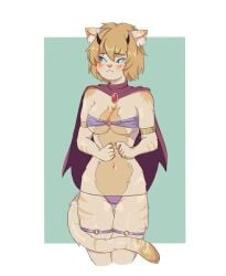 1girls 2022 :< anthro bikini blonde_fur blonde_hair blue_eyes blush breasts bunnie_doom cape cat_ears cat_tail furry horns lowleg_bikini navel original purple_bikini skimpy standing striped_fur tagme thighs