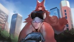 arms_behind_back big_breasts breasts female fox fox_girl furry giantess long_hair tagme unnamed_fox_(utterangle) utterangle