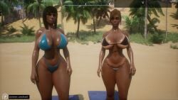 2girls 3d beach big_ass big_breasts bikini bikini_tan black_hair blonde_hair blue_bikini breast_size_difference curvy dark-skinned_female dark_skin desert farah female female_only g-string highleg highleg_bikini hourglass_figure legend_of_queen_opala micro_bikini oasis osira palm_tree patreon patreon_username purple_lipstick queen_opala tan_body tan_lines tan_skin tanline tanned thigh_thighs url wasp_waist wide_hips