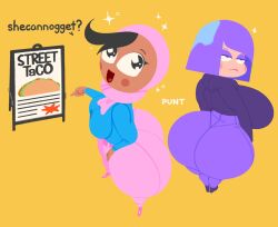 2022 2girls dark-skinned_female dark_hair duolingo emo emo_girl fat_ass female_only hijab huge_breasts hyper_thighs lily_(duolingo) middle_eastern middle_eastern_female muslim muslim_female no_outlines puntthepoodle purple_hair purple_hair_female tagme zari_(duolingo)