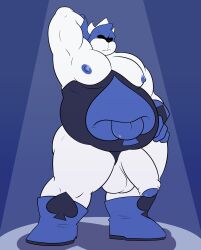 anthro arm_up balls bara big_balls big_penis darkner deltarune gay hand_behind_head hand_on_hip king_spade male male_only monster musclegut muscles penis redeyedgazer solo solo_male stomach_mouth tongue_out white_body