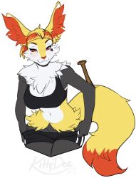 2022 5_fingers alpha_channel anthro barely_visible_genitalia barely_visible_pussy braixen breasts cleavage clothed clothing digital_media_(artwork) eyebrows eyelashes female fingers fur generation_6_pokemon genitals hi_res kittydee nintendo pokémon_(species) pokemon pokemon_(species) pussy red_eyes simple_background smile solo transparent_background video_games white_body white_fur yellow_body yellow_fur