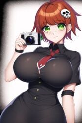 ai_generated breasts camera confused danganronpa embarrassed freckles goth gothified huge_breasts koizumi_mahiru nai_diffusion new_danganronpa_v3 red_tie skull_hair_ornament stable_diffusion