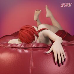 1girls 3d absurdres artist_name azzat azzat_pro barefoot bed breasts commentary english_commentary feet female female_only hair_over_eyes highres king_of_fighters king_of_fighters_xv large_breasts looking_at_viewer lying nail_polish on_stomach pink_nails red_hair self_upload shermie_(kof) snk soles solo toes