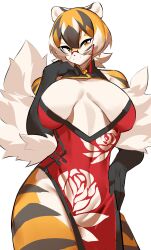 1girls amber_eyes anthro arknights aspirindabaitu big_breasts breasts china_dress chinese_clothes female furry looking_at_viewer mx99926 smile solo solo_female tiger tiger_girl waai_fu_(arknights)