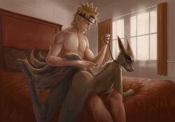 bed bed_sheet bedroom bijuu blush breasts curtains detailed_background dog_collar excessive_pussy_juice female_kurama_(naruto) fox furry human kadarts kurama leash leash_pull naruto pillow puffed_cheeks pussy pussy_juice pussy_juice_drip red_eyes rule_63 smirk spanking uzumaki_naruto window