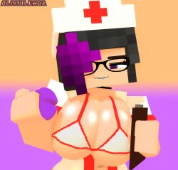 3d bra cleavage fleshlight looking_at_viewer mine-imator minecraft nurse_uniform olivia_(olivialewdz) olivialewdz purple_eyes