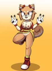 anthro big_ass big_breasts big_butt brown_eyes cxrryart exposed_breasts exposed_pussy furry furry_only huge_ass huge_breasts kumi_(sonic_oc) looking_at_viewer oc open_mouth original original_character peace_sign pinup pinup_pose pose shiba_inu smile sonic_(series) sonic_oc sonic_the_hedgehog_(series) thick_thighs thighs