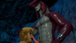 anthro bodily_fluids breath_of_the_wild dekuslate dripping duo fish genital_fluids genitals hi_res human human_on_anthro humanoid interspecies licking link male male/male mammal marine nintendo oral penile penis penis_lick precum precum_drip prince_sidon sex shark sidon_(zelda) the_legend_of_zelda tongue tongue_out video_games