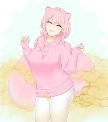 closed_eyes cute cynthia_(raki991) fart fart_cloud fart_fetish farting female female_only fluffy fluffy_tail milf pink_hair pink_shirt pink_tail pixiv raki991 skunk skunk_ears skunk_girl skunk_tail smile smiling smiling_at_viewer white_background white_legwear