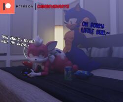 3d 3d_(artwork) after_sex anthro ass bed beverage_can big_butt blue_body blue_fur bodily_fluids camseven chip_(sonic) chips_(food) controller cum cum_in_ass cum_inside cum_on_butt digital_media_(artwork) doritos duo electronics english_text erection eulipotyphlan food frito-lay fur furniture game_controller genital_fluids girly hair hedgehog hi_res kneeling looking_back male male/male mammal multitasking nipples red_body red_fur sega size_difference smile sonic_(series) sonic_the_hedgehog sonic_the_hedgehog_(series) sonic_unleashed teapot_(body_type) text thick_thighs unknown_species watermark white_hair wide_hips wings